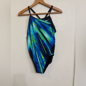 Nike Tie Dye One Piece Swimsuit Blue Green Artistic Print Sporty Racerback